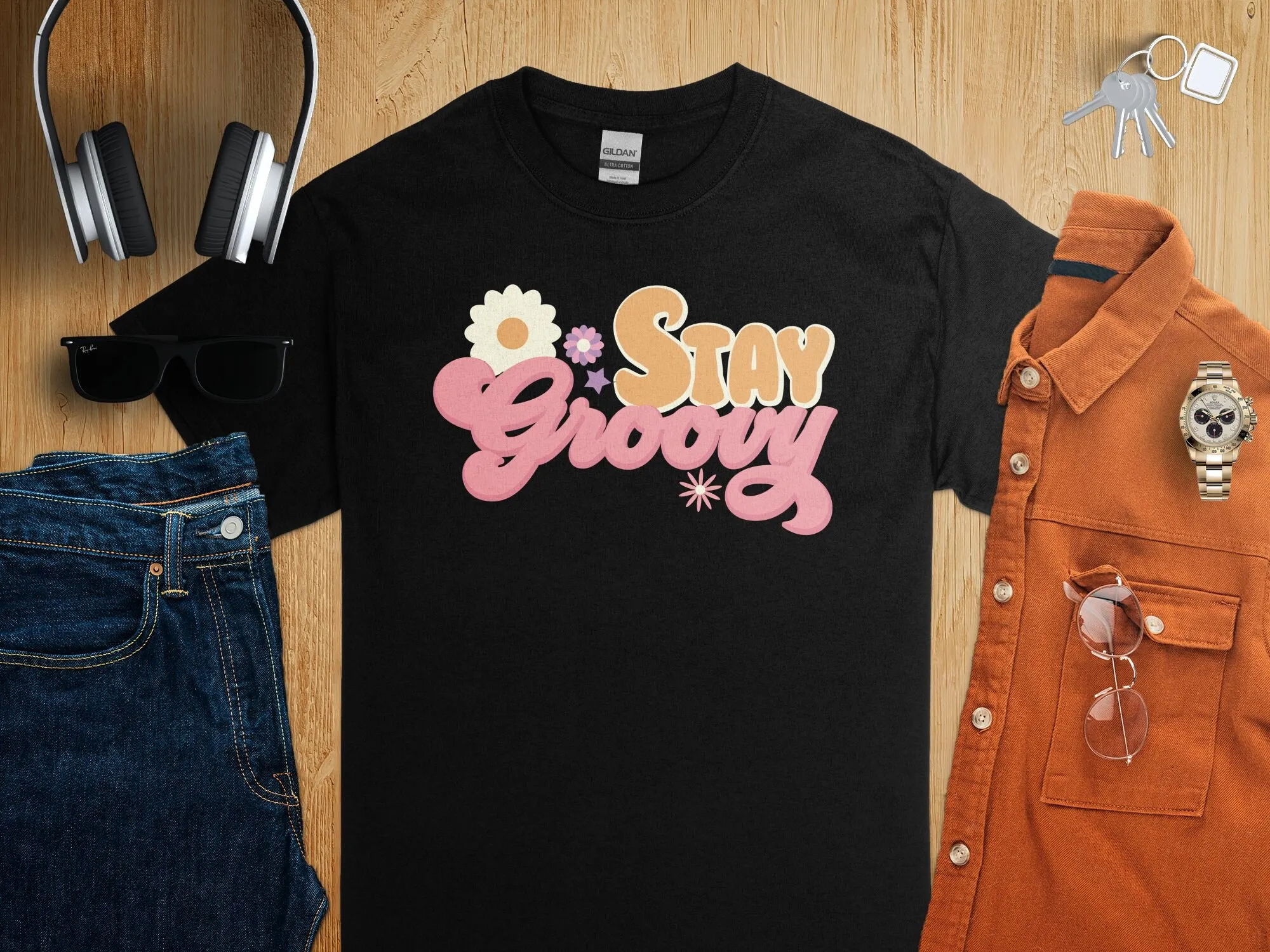 Men'S Fashion 70S - Stay Groovy Retro Tarzı Tişört Vintage