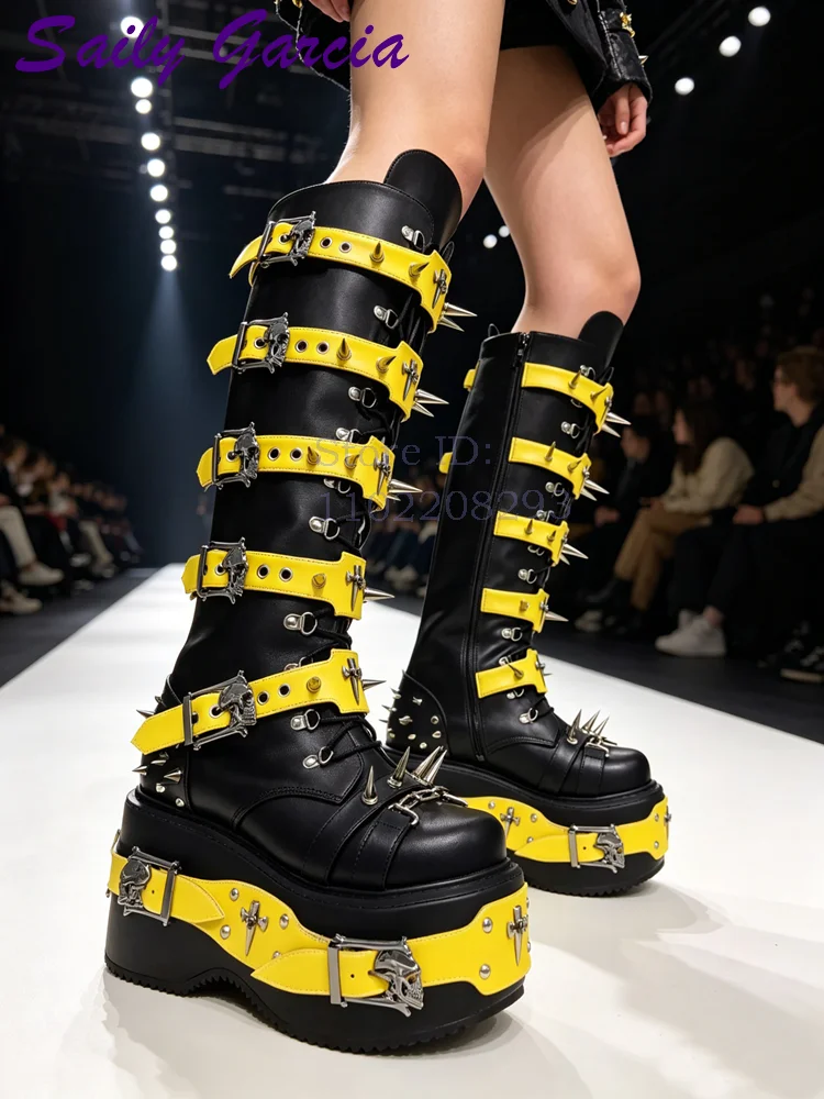 Leather Belt Braided - Kafatası Perçin Punk Diz boyu Çizmeler