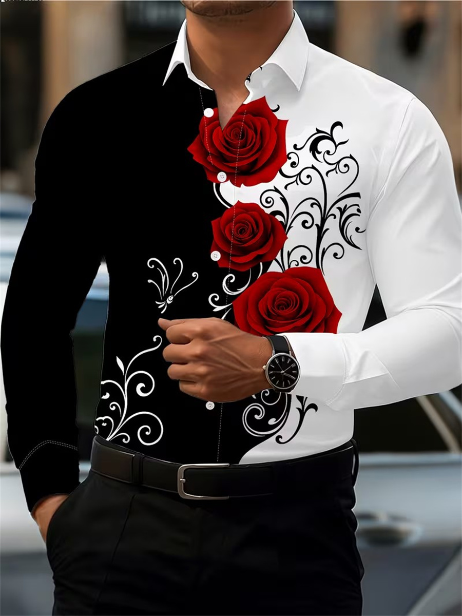 Men'S Fashion Rules - Erkek Kırmızı Gül Baskılı Uzun Kollu